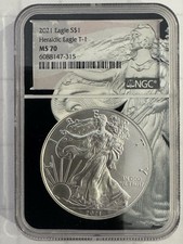 2021  1oz AMERICAN SILVER EAGLE. S$1 HERALDIC EAGLE T-1 NGC MS-70.