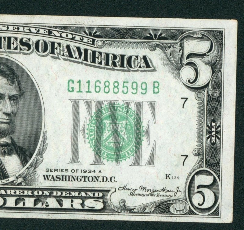 $5 1934 ((AU)) Federal Reserve Note ** DAILY CURRENCY (2nd of 2 consecutive)