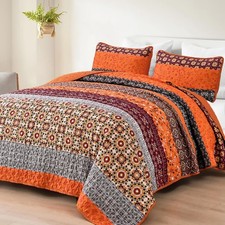 WONGS BEDDING Boho Quilt Set King,Burnt Orange Bohemian Striped Patchwork Bedspr