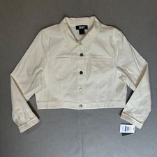 NWT DKNY Women Ivory Cropped Denim Jacket Size XL Button Front Long Sleeve 89