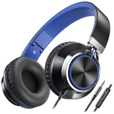 Wired On-Ear Kids Headphones Foldable with Mic Volume Control 3.5mm Black Blue