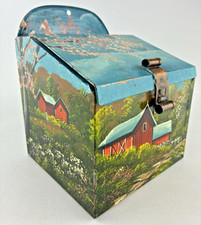 Vintage Painted Tin Storage Box w/ Handpainted Folk Art Farm Scene, Dated 1963