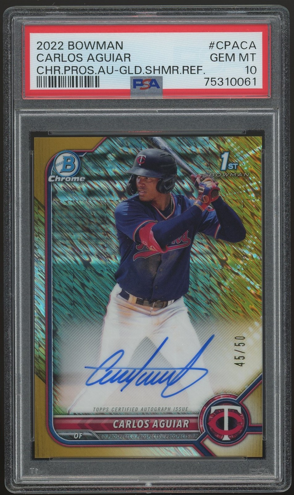 2022 Bowman Chrome CARLOS AGUIAR GOLD SHIMMER AUTO 45/50 PSA 10 GEM MINT CPA-CA