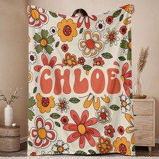Personalized Retro Flower Kids Blanket, Custom Name Floral Birthday Gift
