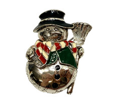 Vintage Snowman Brooch Pendant Festive Christmas Silver Tone Winter Pin w FLAWS
