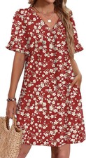 Casual Summer Shift Dress with Pockets for Women V Neck Ruffle Short Sleeve