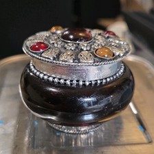 Handmade Decorative Metal and Glass Trinket Box with Jeweled Lid