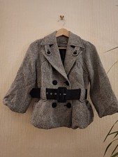 Cappotto giacca uomo stile Mad bianco e nero tweed boucle cintura ritagliato taglia 12