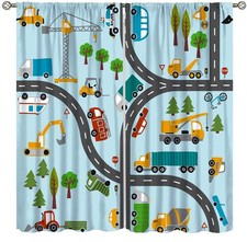 Boys Cartoon Car Curtain,Bus Cute Vehicle Road City Map Print Curtain,Blue Wh...