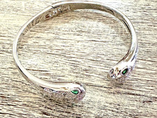 Snake Design Bracelet Hinged Pave Rhinestones Green Eyes Silver Tone New