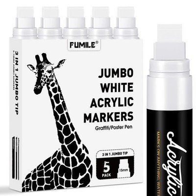 5 Pcs White Jumbo Poster Marker,15mm Wide Tip Thick Acrylic Paint Pen Paint M...