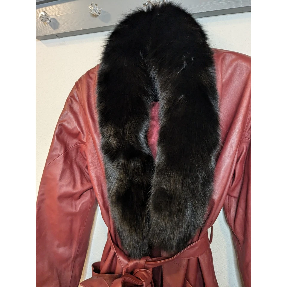 EXCELLED COLLECTION 100% Leather Faux Fur Ruby Color Women Trench Coat Sz XL - Image 4 of 4