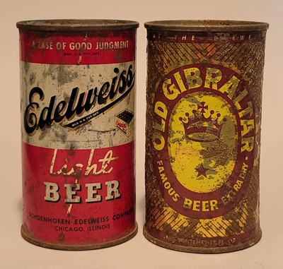 PAIR OF FLAT TOP BEER CANS EDELWEISS OLD GIBRALTAR 