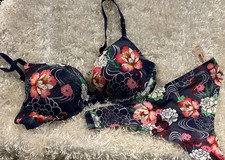 Victoria s Secret Bra Blue Floral Plunge Underwire Pad 36B Panty Vintage Large