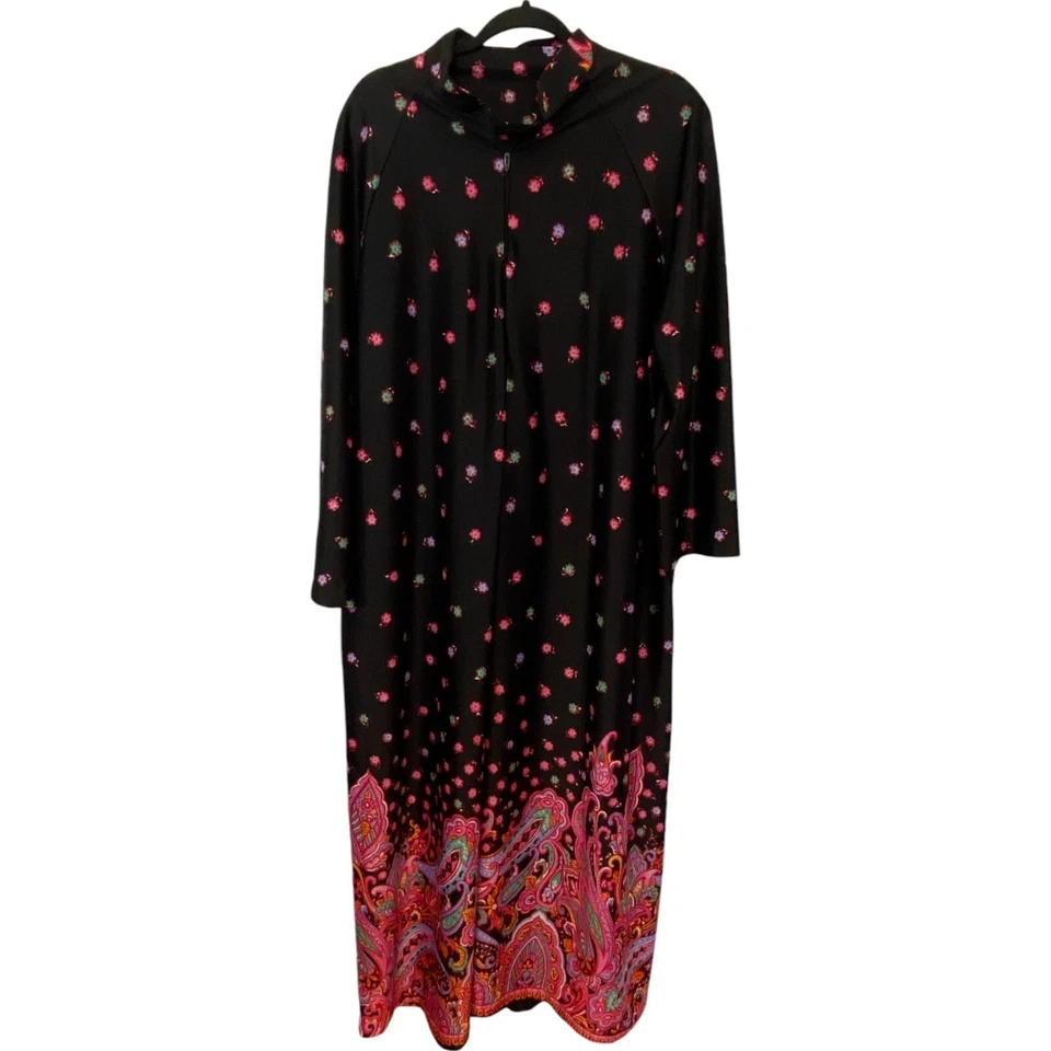 Montgomery Ward Ropa de Dormir Bata Negra Floral Paisley Mujer Cremallera Frontal Manga Larga Foto 2 de 4