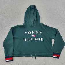 Tommy Hilfiger Cropped Hoodie Womens Medium Green Logo Graphic Pullover
