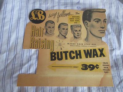 Rare 1940's L B POMADE BUTCH Wax Drawings Barbershop Color Sign CREW FLAT BUTCH