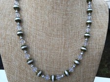 Handmade Necklace of Round Olive Green and Silver Glass Beads with Clear Glass