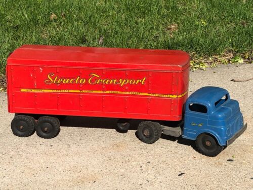 Vintage Structo Transport Tractor Trailer Truck No. 70 Red Blue Metal - 第 1/8 張圖片