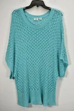 Cato Womens Blue Drop Shoulder Short Sleeve Scoop Neck Crochet Knit Sweater 22