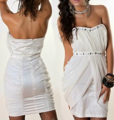 SeXy Miss Damen Glamour Steine Bandeau Chiffon Mini Kleid Edel 34 36 38 40 creme - Bild 1 von 2