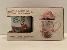FITZ AND FLOYD 2015 Gift Boxed Set 2 Coffee Cake Mugs Candy Cane Santa