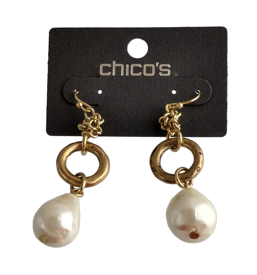 Pendientes de cadena Chicos imitación jumbo perla gota tono oro 2 1/4" Loraine nuevos con etiquetas Foto 3 de 4