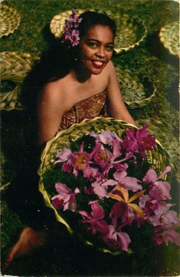 Hawaiian Girl Showing Island Orchids Vintage Postcard