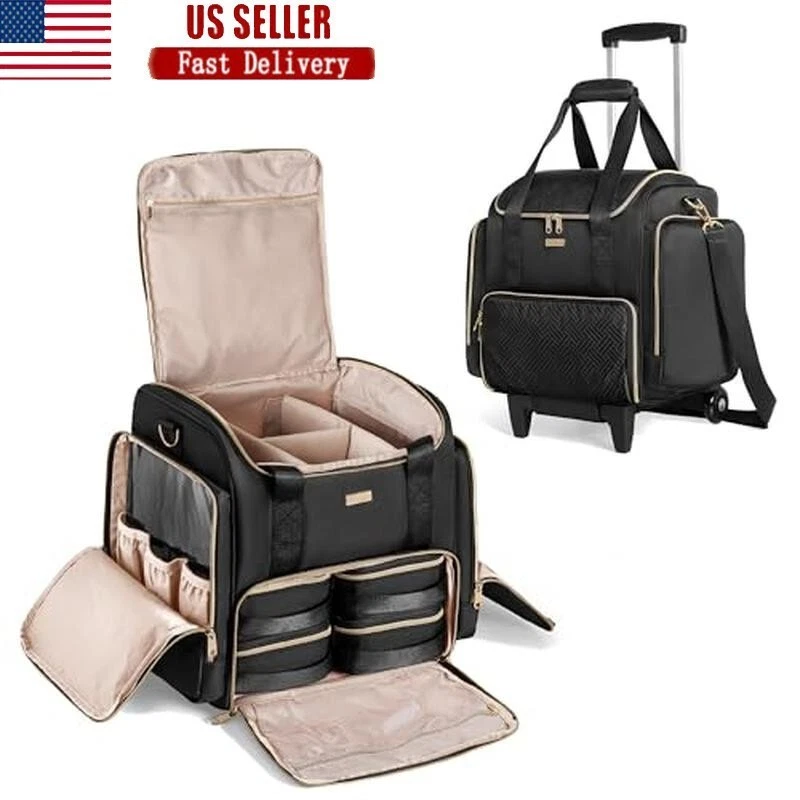Rolling Makeup Case Travel Organizer W/ 4 Removable Bags & Brush Storage Black