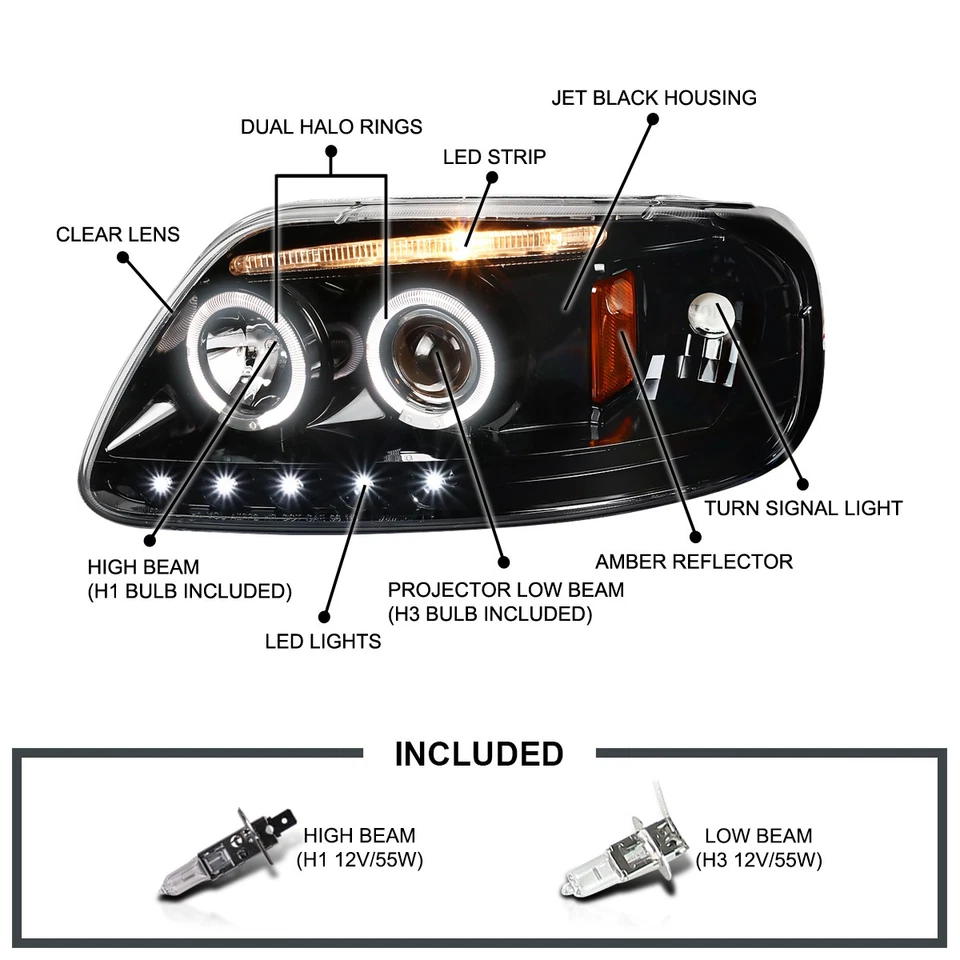 Fits 1997-2002 Expedition Jet Black Halo Projector Headlights+Black Tail Lamps Foto 3 de 4