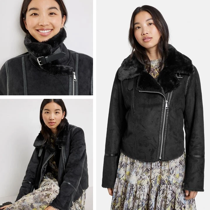 Taifun Women's Suede Style Biker Jacket Faux Fur Lined Full Zip Black Size UK 12 - Image 3 of 4