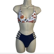 Zaful 2 PC Swimsuit Floral Adjustable Top and Blue Bottoms Size Small