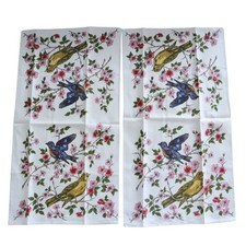 Vintage Linen Tea Towel Set Parisian Bird Warbler Blue Floral Kitchen 16 x 28.5