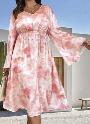NEW Shiny Multi-Color Satin Long Lantern Sleeve Twirly Dress PLUS 3XL 3X NEW
