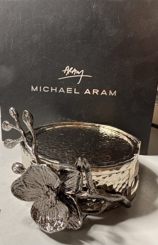 NIB Michael Aram Orchid Drink Coasters With Holder Set Of 6