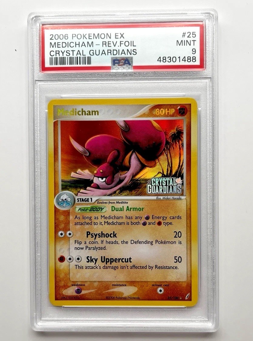 PSA 9 Medicham 25/100 Ex Crystal Guardians 2006 Reverse Holo Stamped Low Pop