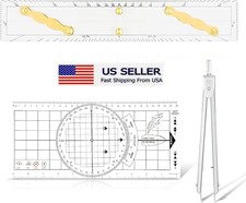 3 Pc Marine Navigation Set, Parallel Split Ruler, Nautical Protractor Brass Arms