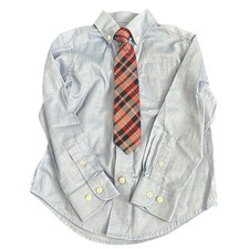 Chaps Boys Blue Button Down Dress Shirt & Orange Navy Plaid Clip On Tie Size 4/5
