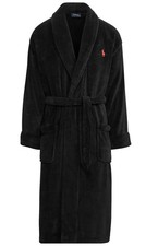 New Mens Polo Ralph Lauren Black Solid Shawl Collar Microfiber Plush Robe S / M