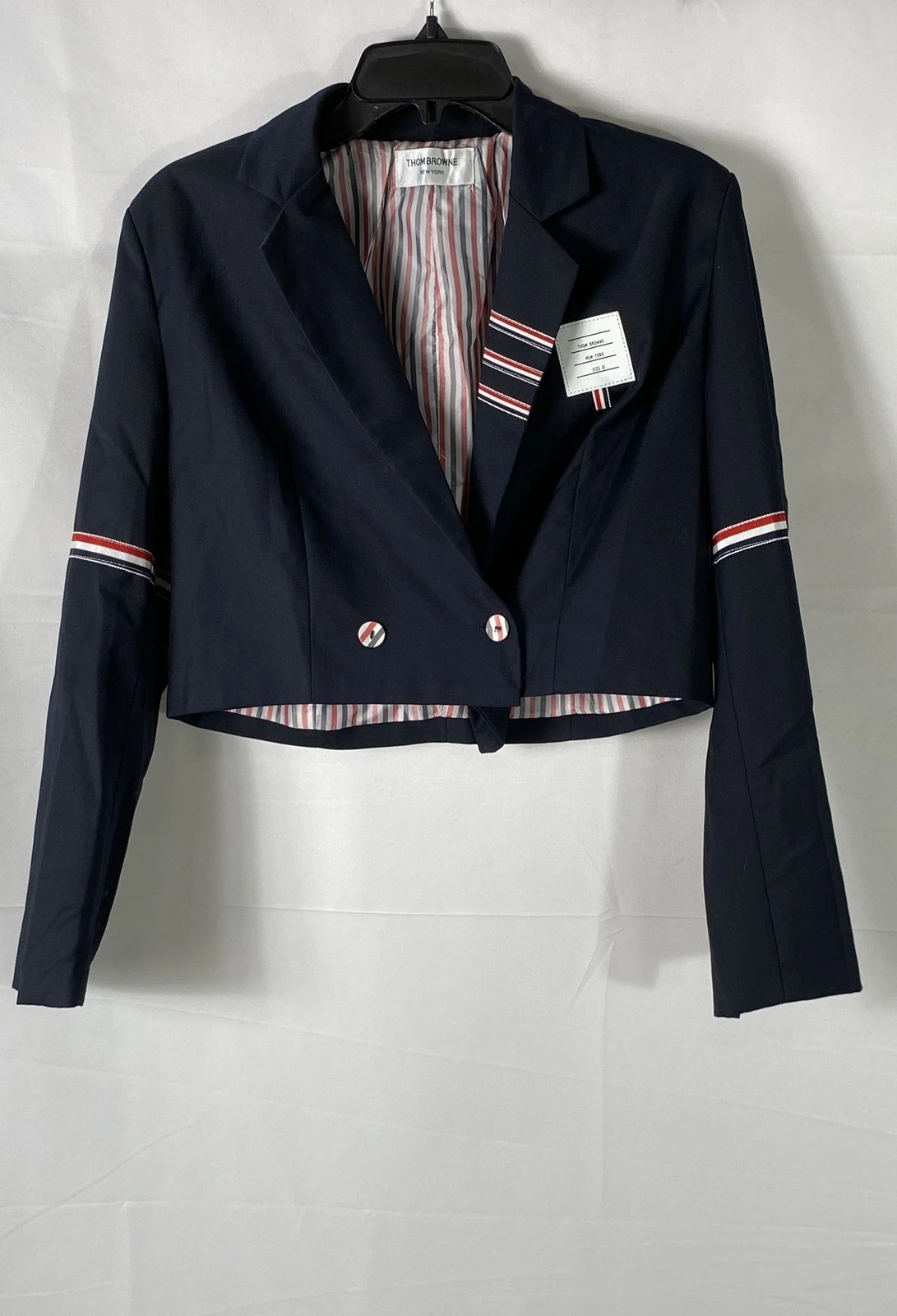 Thom Browne Women's Navy Blue Cropped Cotton Stripe Trim Blazer Jacket Sz 0
Opens in a new window or