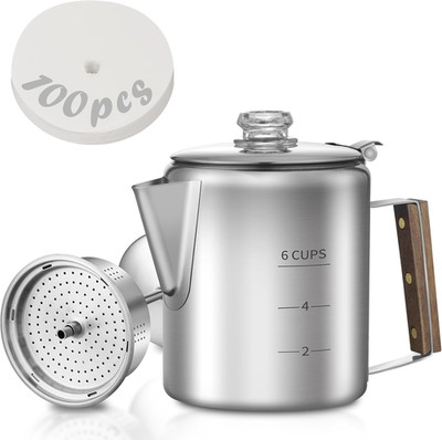 Coffee Percolator with 100Pcs Coffee Filters - 6 Cups | Durable Stainless Steel