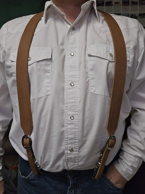 Leather Y-Back Suspenders for Western Cowboys Brown Heavy Duty Made In The USA