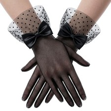 Women Lace Bow Short Gloves Wedding Tea Party Gloves Sheer Mesh Mitten for