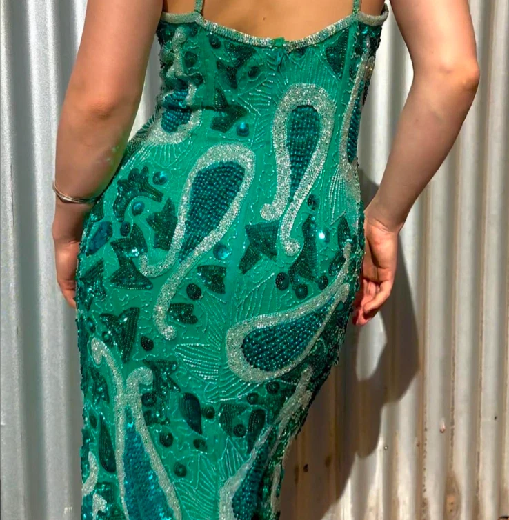 green emerald velvet dress Navy Blue Shoulder Sheer Paisley Sequin Formal Dress – Aquarius Brand main image 1