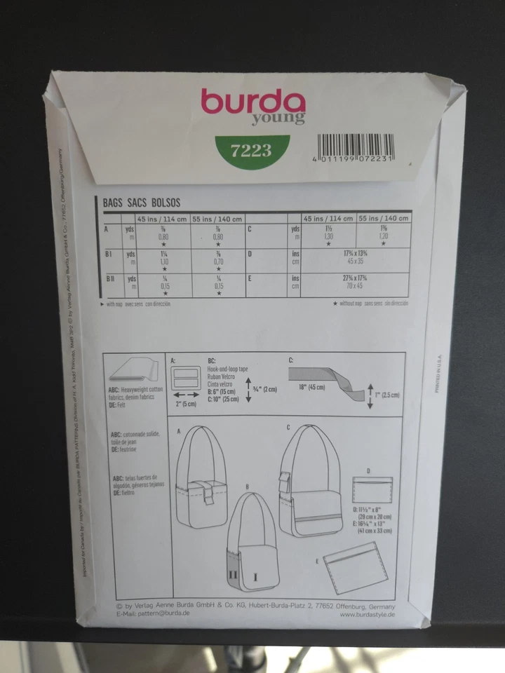 Unisex Uncut Burda 7223 Sewing Pattern Purse Tote Bag Shoulder Messenger Wallet - Image 2 of 3