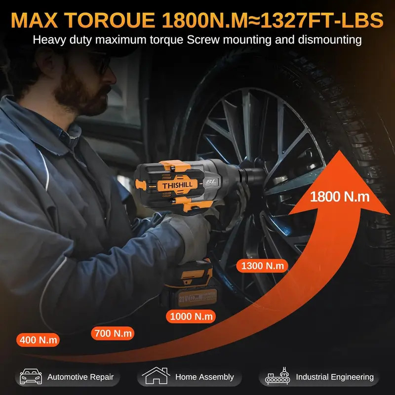 1800Nm Max Torque Impact Wrench Kit Cordless with Batteries