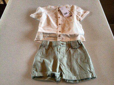 H&M Boy Natural white/green 2-piece Cotton Set In US T2 Brand New