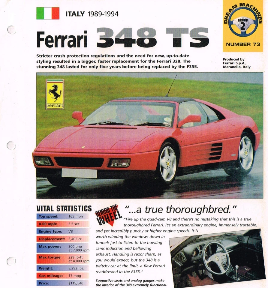 FERRARI 348 TS / 348TS 规格表 / 手册 / 目录:1991,1992,1993,1994 — 第 2/2 张图片