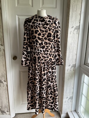 Brandneu Libby Loves hellbraun Animal Print Boho Landhaus Kern Boho Midikleid Größe S