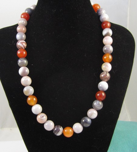 Estate Rare Sterling Silver Carnelian & Brown Lace Agate 12.6 mm Bead Necklace - Picture 2 of 5